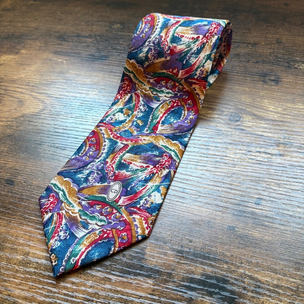 Christian Dior Monsieur Mens Tie Abstract Paisley Multi-Color Blue Red USA Made